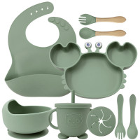 Набор детской силиконовой посуды для первого прикорма на присосках 9 предметов Краб (Green)