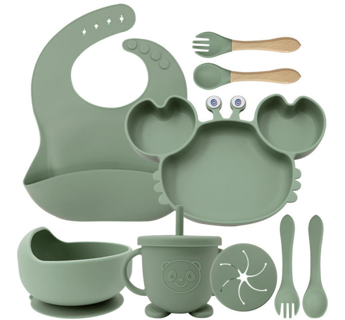 Набор детской силиконовой посуды для первого прикорма на присосках 9 предметов Краб (Green) (18974)