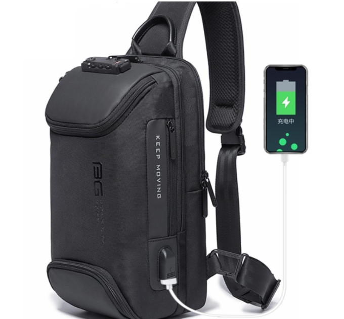 Однолямочный рюкзак через плечо Bange BG-7082 9л Сумка-слинг с USB-разъемом и замком (Black) (19378)