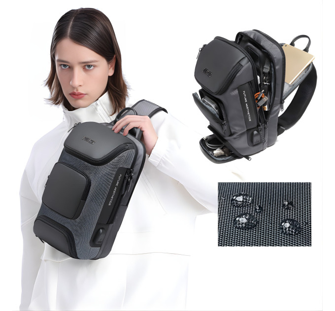 Однолямочный рюкзак через плечо Bange BG-7086 9л Сумка-слинг с USB-разъемом (Gray) (19381)