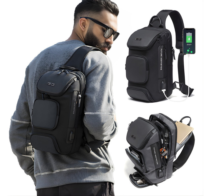 Однолямочный рюкзак через плечо Bange BG-7086 9л Сумка-слинг с USB-разъемом (Gray) (19381)