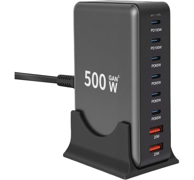 Сетевая зарядная станция ILEPO 500W на 2 USB+6 Type-C мультизарядное устройство мощный блок питания (Black) (19339)