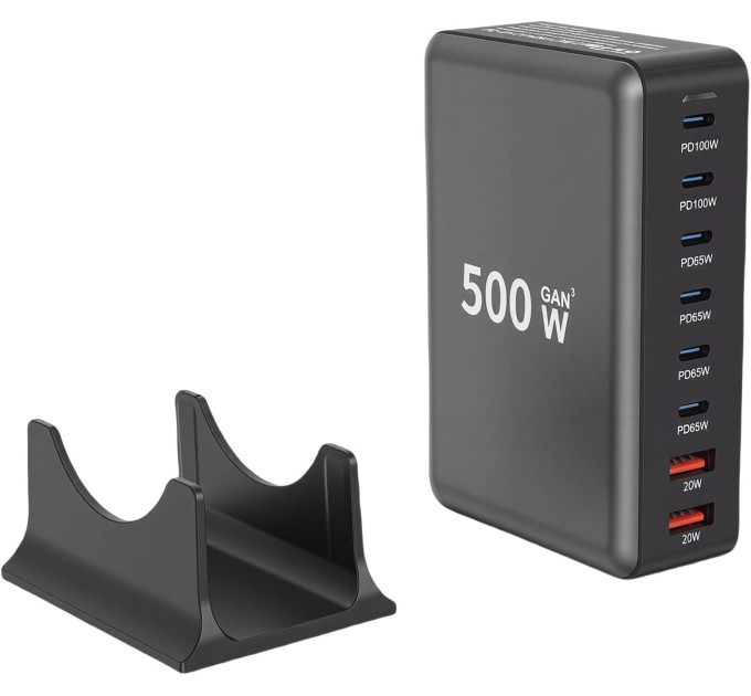 Сетевая зарядная станция ILEPO 500W на 2 USB+6 Type-C мультизарядное устройство мощный блок питания (Black) (19339)