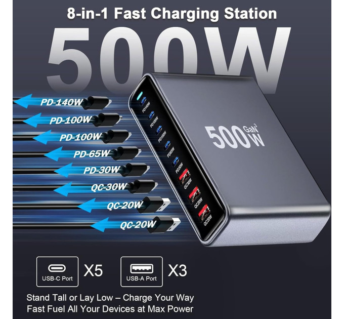 Сетевая зарядная станция ILEPO 500W на 2 USB+6 Type-C мультизарядное устройство мощный блок питания (Black) (19339)
