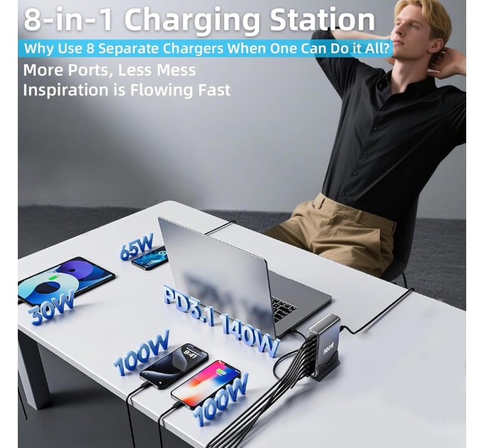 Сетевая зарядная станция ILEPO 500W на 2 USB+6 Type-C мультизарядное устройство мощный блок питания (Black) (19339)