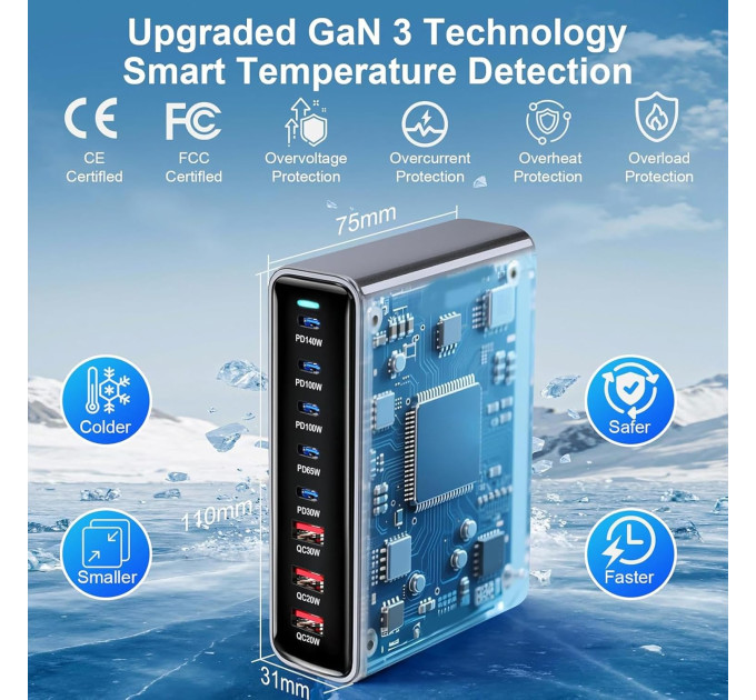 Сетевая зарядная станция ILEPO 500W на 2 USB+6 Type-C мультизарядное устройство мощный блок питания (Black) (19339)