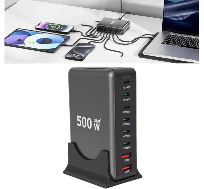 Сетевая зарядная станция ILEPO 500W на 2 USB+6 Type-C мультизарядное устройство мощный блок питания (Black) (19339)