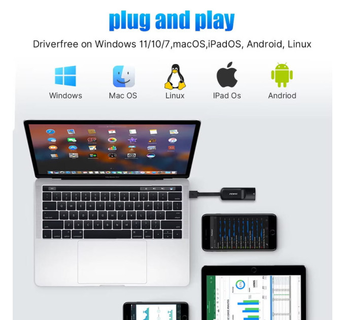 Сетевой адаптер Type-C на RJ45 Fenvi FR-G1000C 1000Mbps Gigabit Ethernet переходник сетевая карта (Black) (19128)