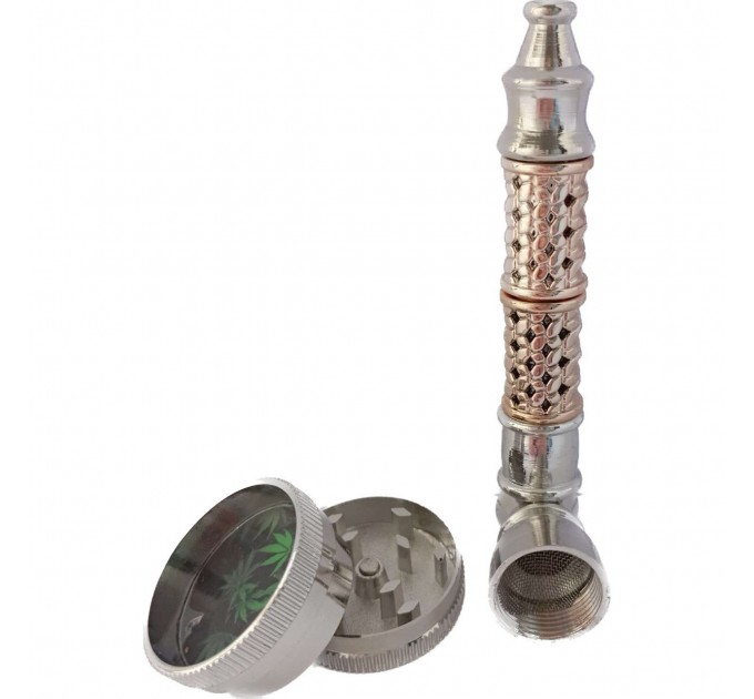 Трубка курительная металлическая + гриндер для измельчения табака №YD-486 (Silver Gold)