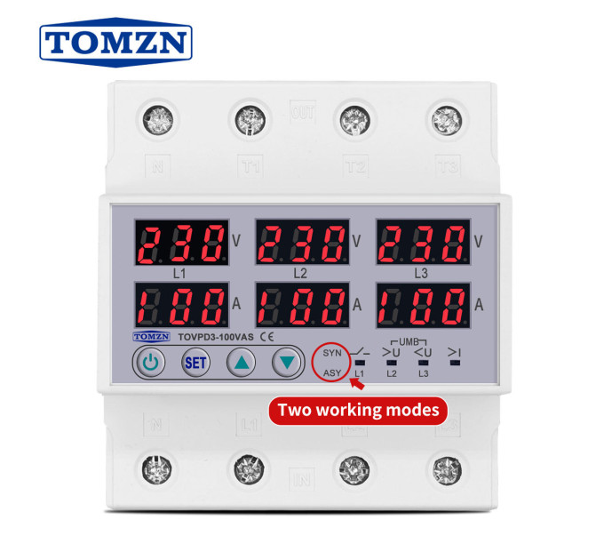 Цифровое реле контроля напряжения и тока трехфазное TOMZN TOVPD3-100VAS 100A 3×220V Умный защитный автомат переменного тока (19601)