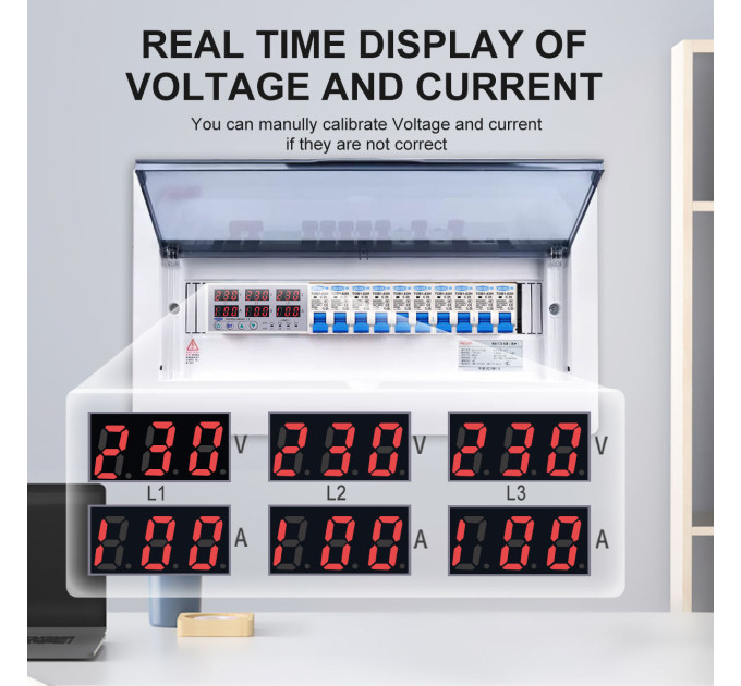 Цифровое реле контроля напряжения и тока трехфазное TOMZN TOVPD3-100VAS 100A 3×220V Умный защитный автомат переменного тока (19601)