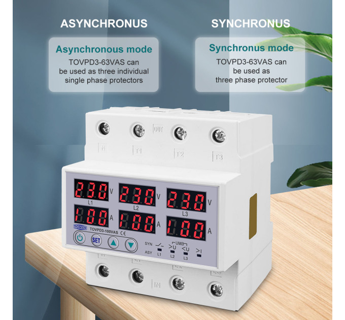Цифровое реле контроля напряжения и тока трехфазное TOMZN TOVPD3-100VAS 100A 3×220V Умный защитный автомат переменного тока (19601)