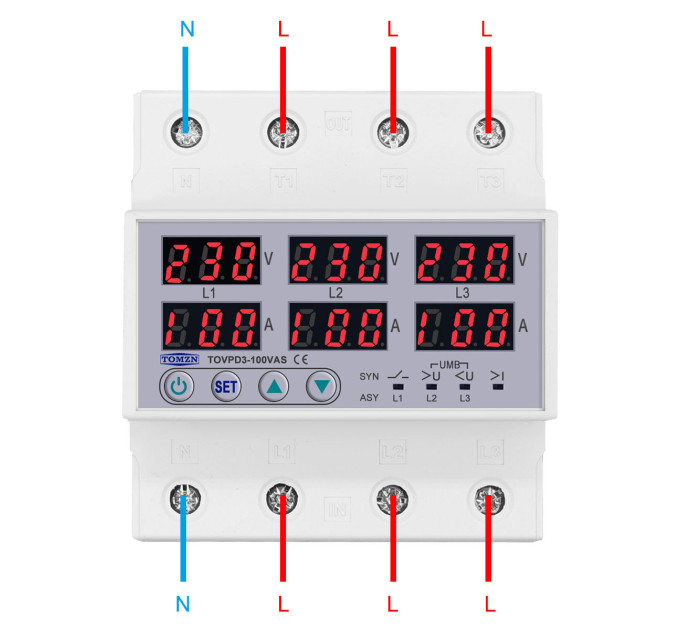 Цифровое реле контроля напряжения и тока трехфазное TOMZN TOVPD3-100VAS 100A 3×220V Умный защитный автомат переменного тока (19601)