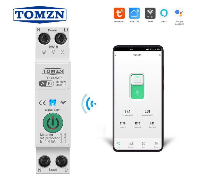 Умный автоматический выключатель Tuya Wi-Fi с защитой TOMZN TOB9-VAP 1P+N 110/220V 1–63A Цифровое реле со счетчиком (19645)