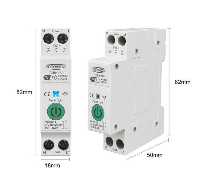 Умный автоматический выключатель Tuya Wi-Fi с защитой TOMZN TOB9-VAP 1P+N 110/220V 1–63A Цифровое реле со счетчиком (19645)