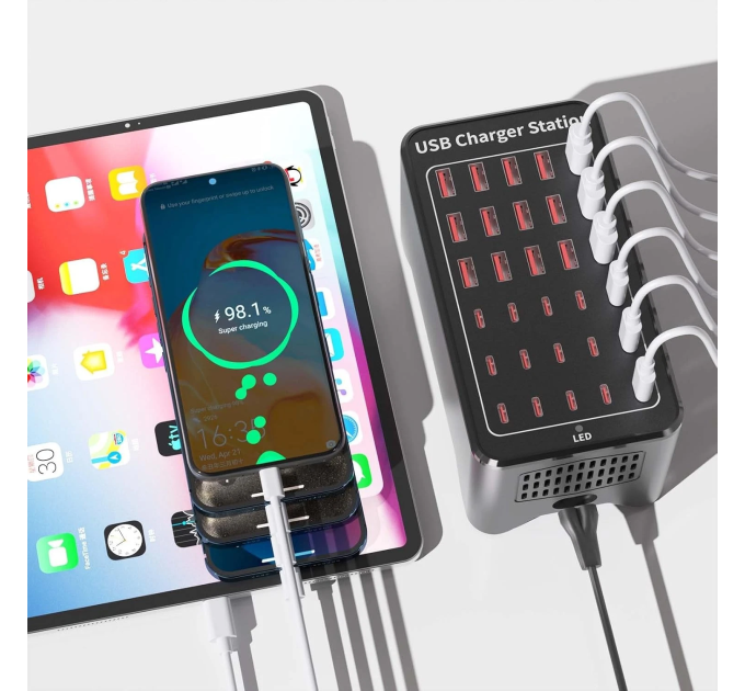 Зарядная станция многопортовая ILEPO на 15 USB портов + 15 Type-C 150 Вт / сетевое мультизарядное устройство (19018)