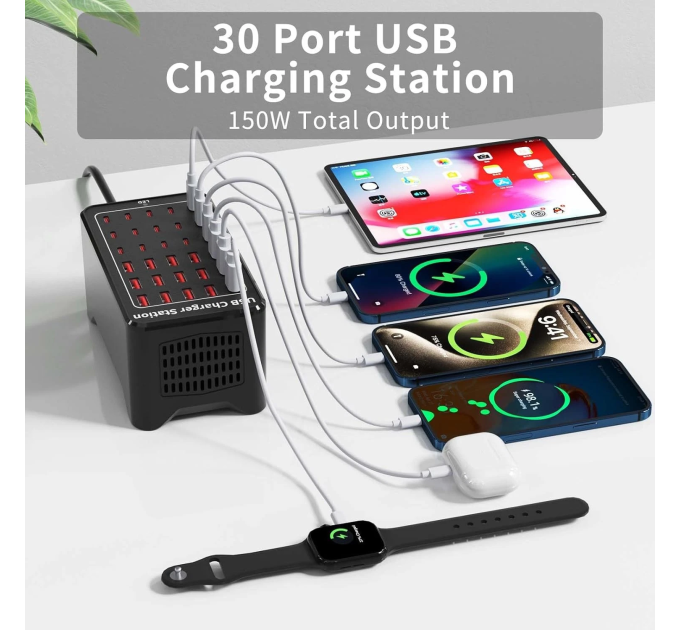Зарядная станция многопортовая ILEPO на 15 USB портов + 15 Type-C 150 Вт / сетевое мультизарядное устройство (19018)