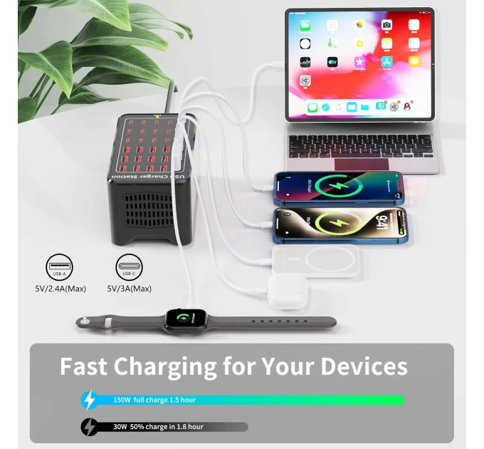 Зарядная станция многопортовая ILEPO на 15 USB портов + 15 Type-C 150 Вт / сетевое мультизарядное устройство (19018)