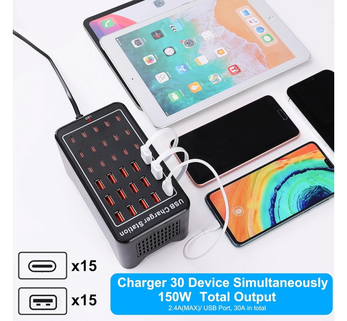 Зарядная станция многопортовая ILEPO на 15 USB портов + 15 Type-C 150 Вт / сетевое мультизарядное устройство (19018)