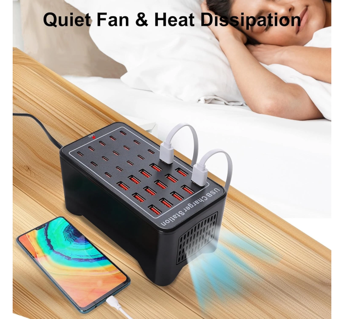 Зарядная станция многопортовая ILEPO на 15 USB портов + 15 Type-C 150 Вт / сетевое мультизарядное устройство (19018)