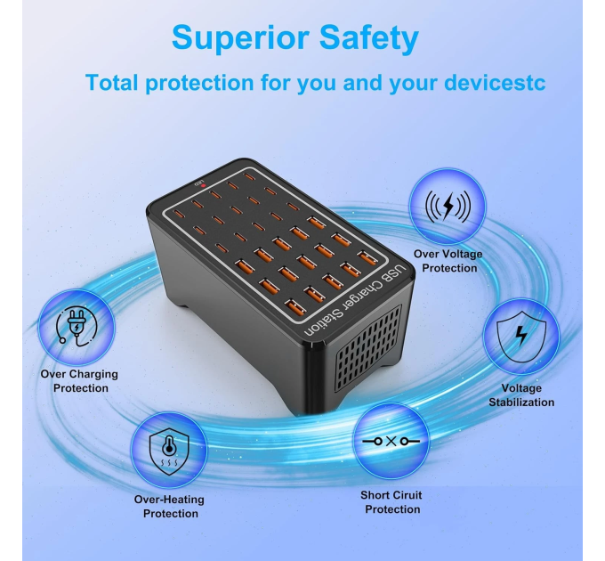 Зарядная станция многопортовая ILEPO на 15 USB портов + 15 Type-C 150 Вт / сетевое мультизарядное устройство (19018)