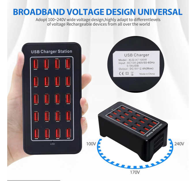 Зарядная станция многопортовая ILEPO на 20 USB портов 100 Вт / сетевое мультизарядное устройство (19013)