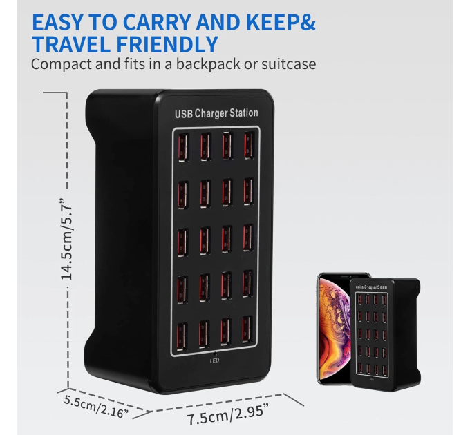 Зарядная станция многопортовая ILEPO на 20 USB портов 100 Вт / сетевое мультизарядное устройство (19013)