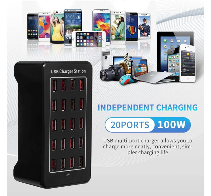Зарядная станция многопортовая ILEPO на 20 USB портов 100 Вт / сетевое мультизарядное устройство (19013)