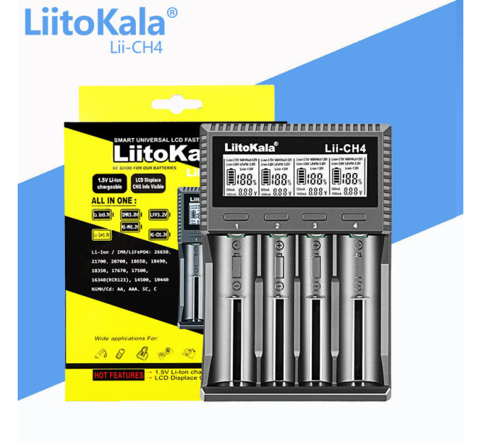 Зарядное устройство LiitoKala Lii-CH4 для аккумуляторов АА, ААА, 18650, 21700, 26650 Li-ion, Ni-MH, Ni-Cd (19422)