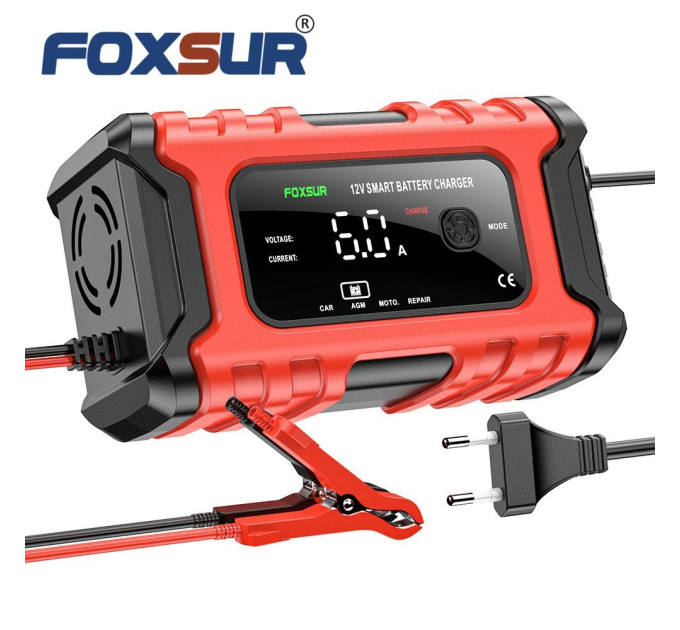 Зарядное устройство автомобильное Foxsur FBC1206D 12V/6А Автоматическое импульсное с функцией восстановления (Red) (19430)