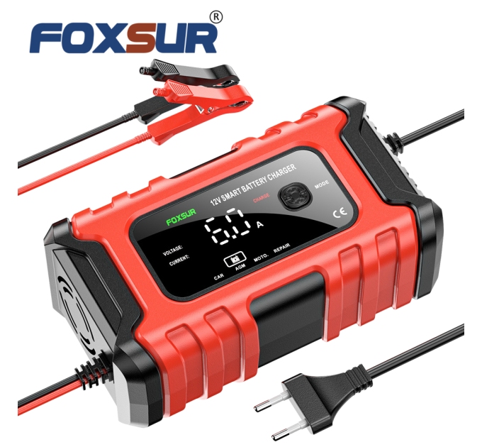 Зарядное устройство автомобильное Foxsur FBC1206D 12V/6А Автоматическое импульсное с функцией восстановления (Red) (19430)