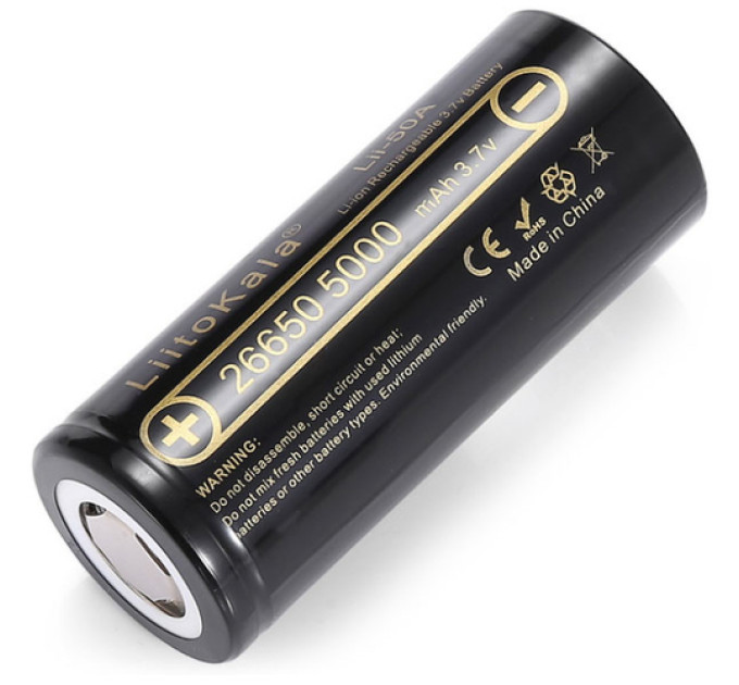 Аккумулятор 26650 LiitoKala Lii-50A 5000 mAh силовой литий-ионный Li-Ion 25А, 3.7V Плоский плюс (19312)