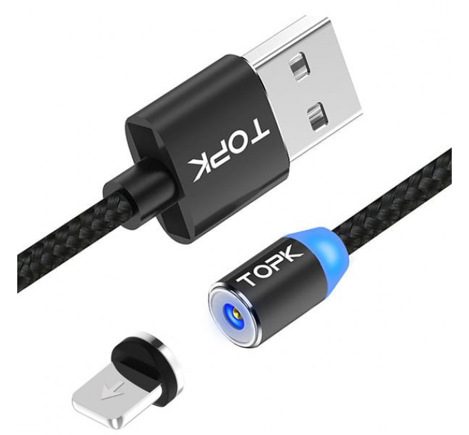 Магнітний кабель для заряджання Topk Led AM23 USB 2.4A Lightning (Black, 1 м)
