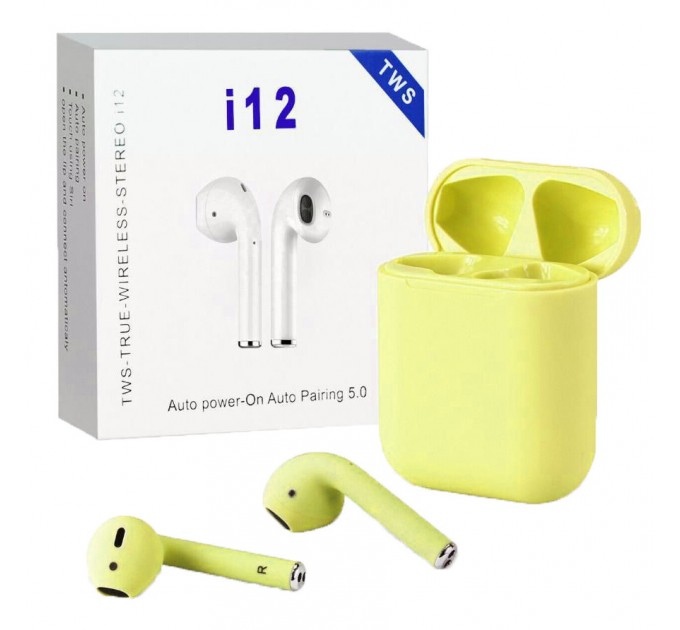 Бездротові блютуз навушники i12 TWS з боксом для заряджання Yellow