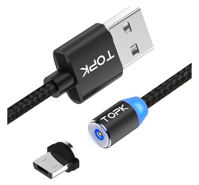 Магнітний кабель для заряджання Topk Led AM23 USB 2.4A Micro-USB (Black, 1 м)