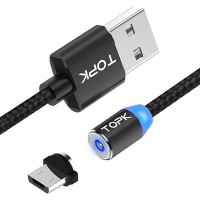 Магнітний кабель для заряджання Topk Led AM23 USB 2.4A Micro-USB (Black, 2 м)