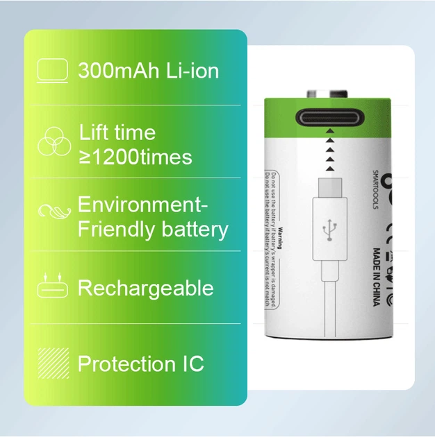 Аккумулятор CR2 Smartoools 300 mAh литий-ионный Li-Ion с зарядкой от Type-C 3.7V Выпуклый плюс (19326)