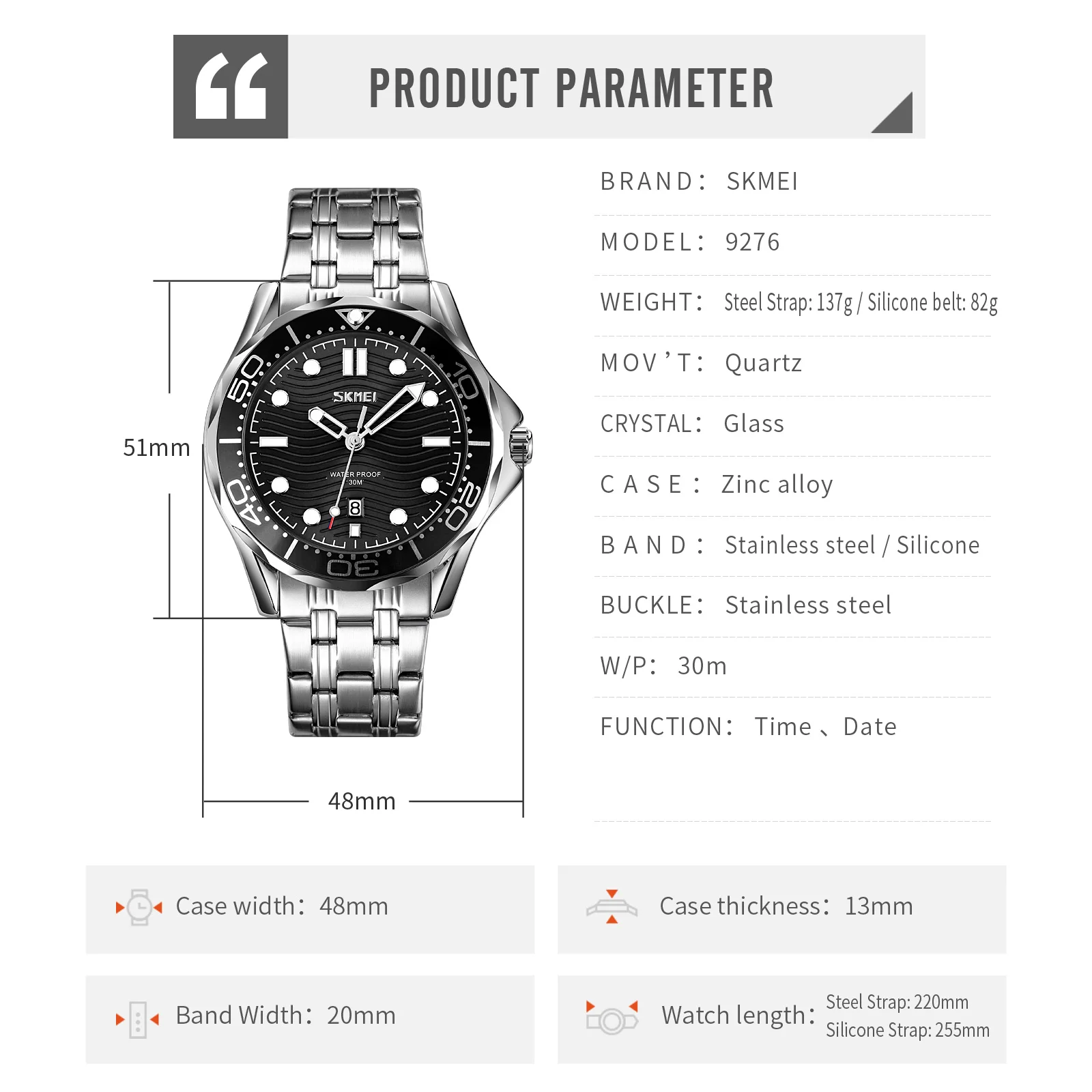 Часы наручные Skmei 9276 (Silver Black steel strap, 9276SSIBK) (18381)