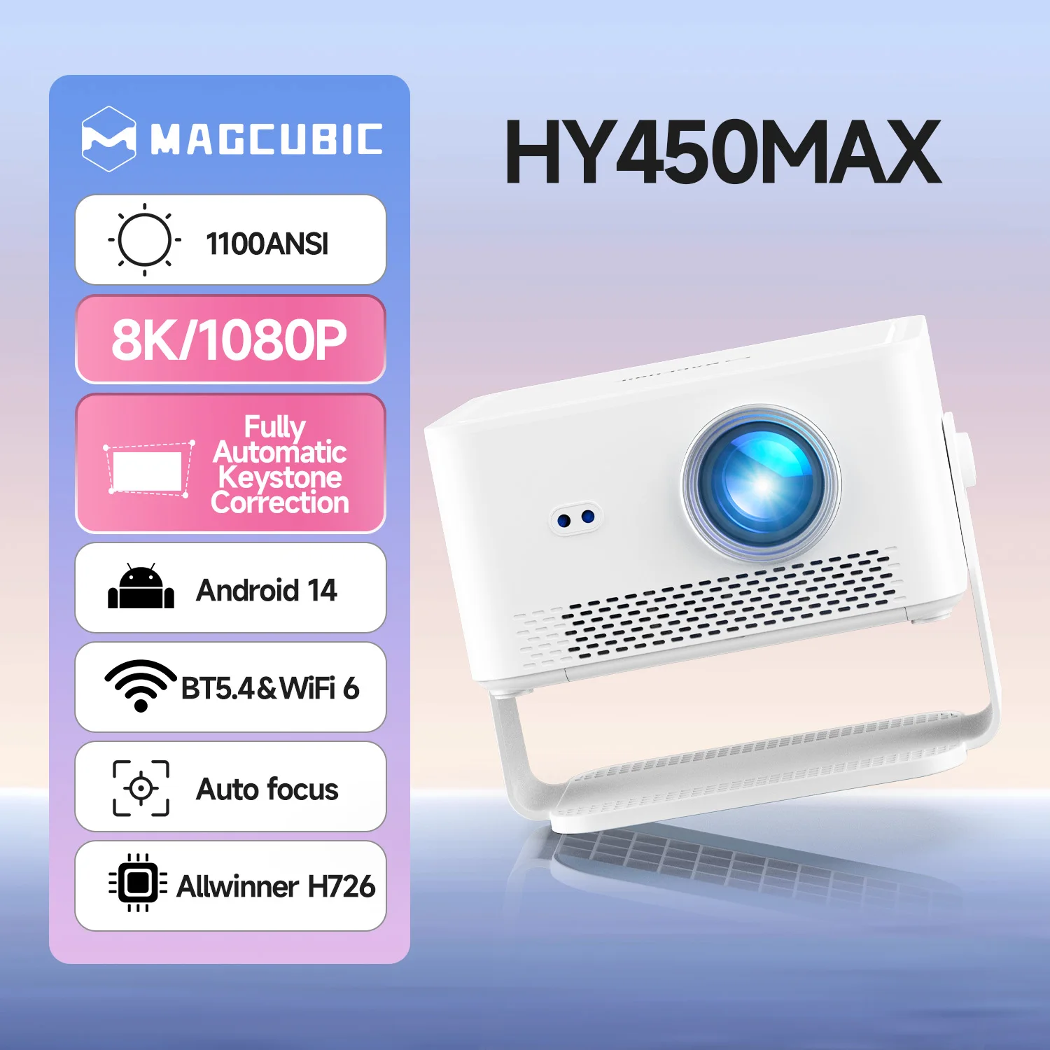 Мультимедийный смарт-проектор с автофокусом Magcubic HY450MAX Android 14, chip H726, 8K24fps, 2GB/16GB домашний кинотеатр (White) (19342)