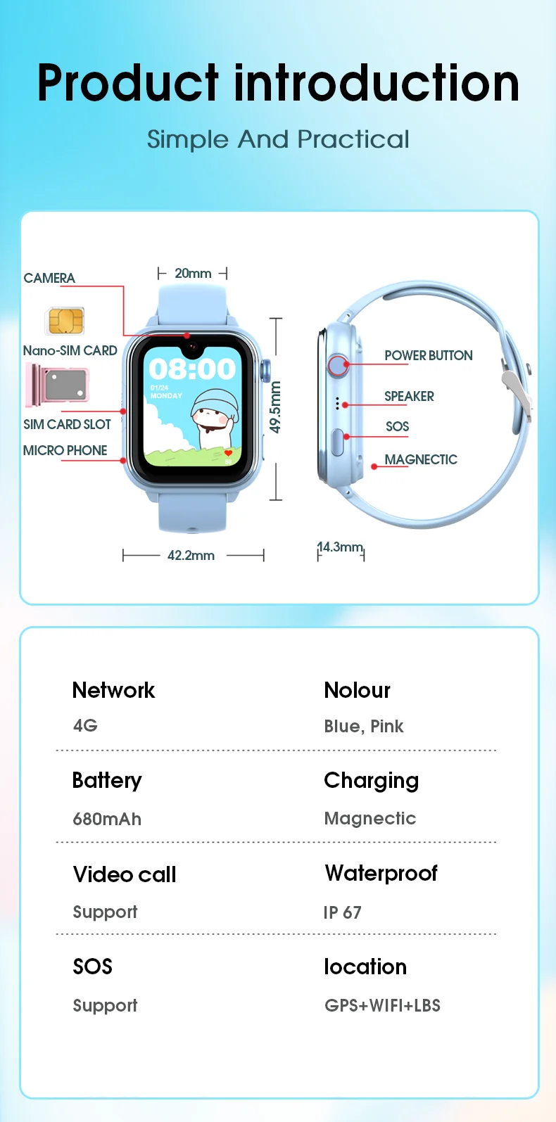 Смарт часы-телефон детские Wonlex KT37 Original с видеозвонком WI-FI GPS SIM-карта (Blue) (18886)