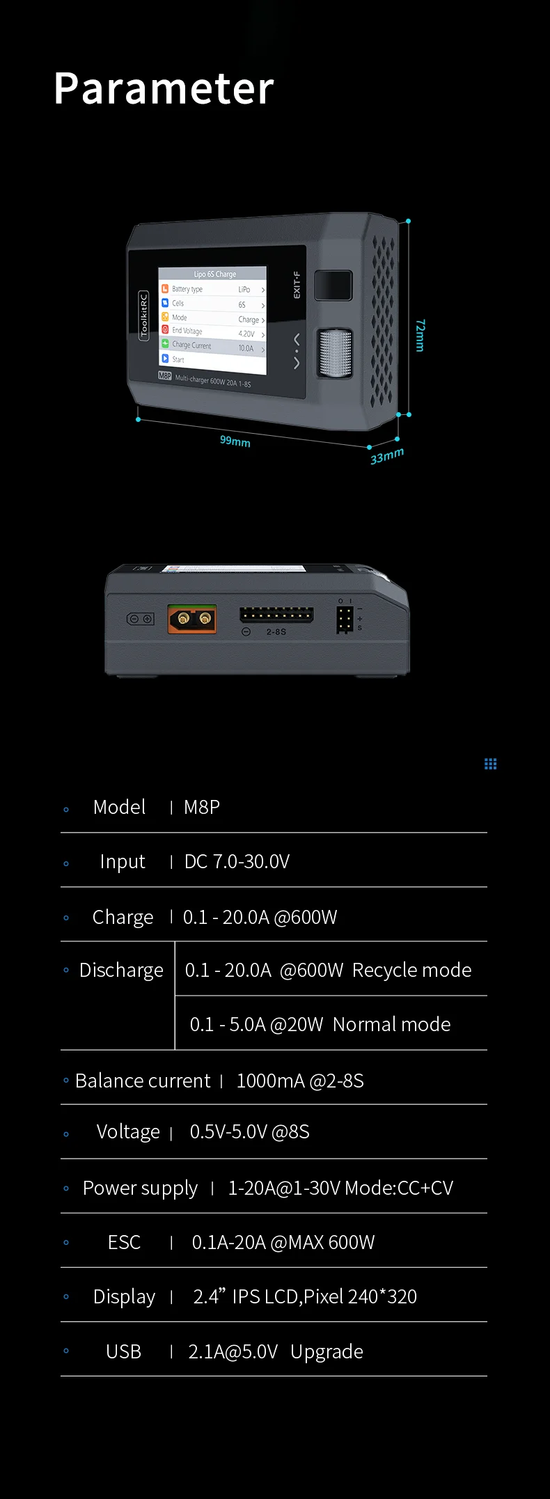 Зарядное устройство ToolkitRC M8P 600W 25А для FPV 1-8S ADP200 ADP100 M6D M7 Q4AC Q6AC (Black) (18760)