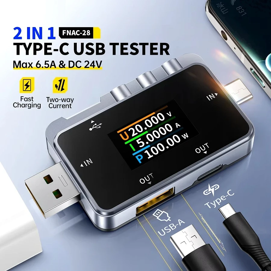 USB тестер анализатор зарядных устройств Fnirsi FNAC-28 внешних аккумуляторов и USB-кабелей (19470)