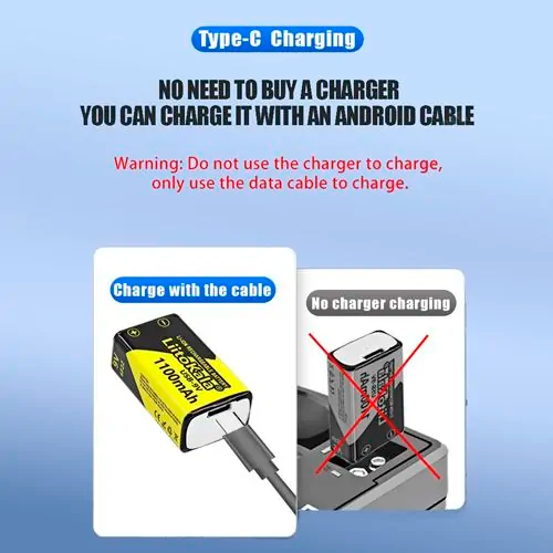 Аккумулятор Крона / 6LR61 LiitoKala USB-9V 1100 mAh литий-ионный со встроенной зарядкой Type-C (19321)
