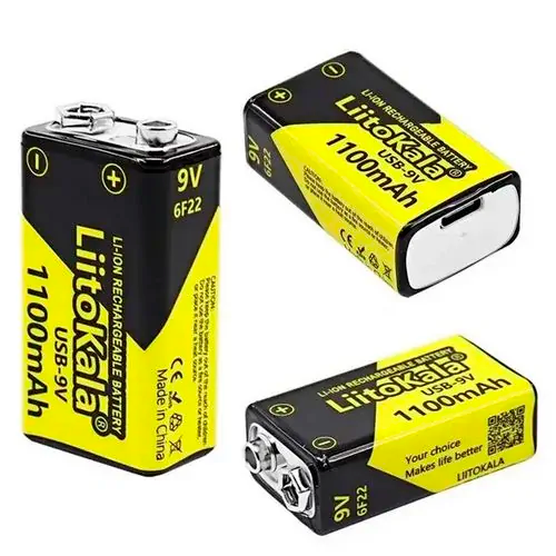 Аккумулятор Крона / 6LR61 LiitoKala USB-9V 1100 mAh литий-ионный со встроенной зарядкой Type-C (19321)