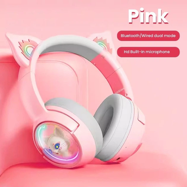 Беспроводные игровые наушники с ушками Onikuma B5 Bluetooth гарнитура с микрофоном и RGB (Pink) (19116)