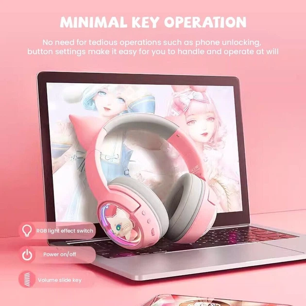 Беспроводные игровые наушники с ушками Onikuma B5 Bluetooth гарнитура с микрофоном и RGB (Pink) (19116)