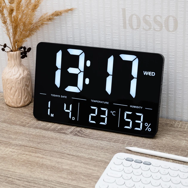 Часы электронные настенные и настольные LOSSO GRAND WC-600 Будильник с пультом (Black) (18968)