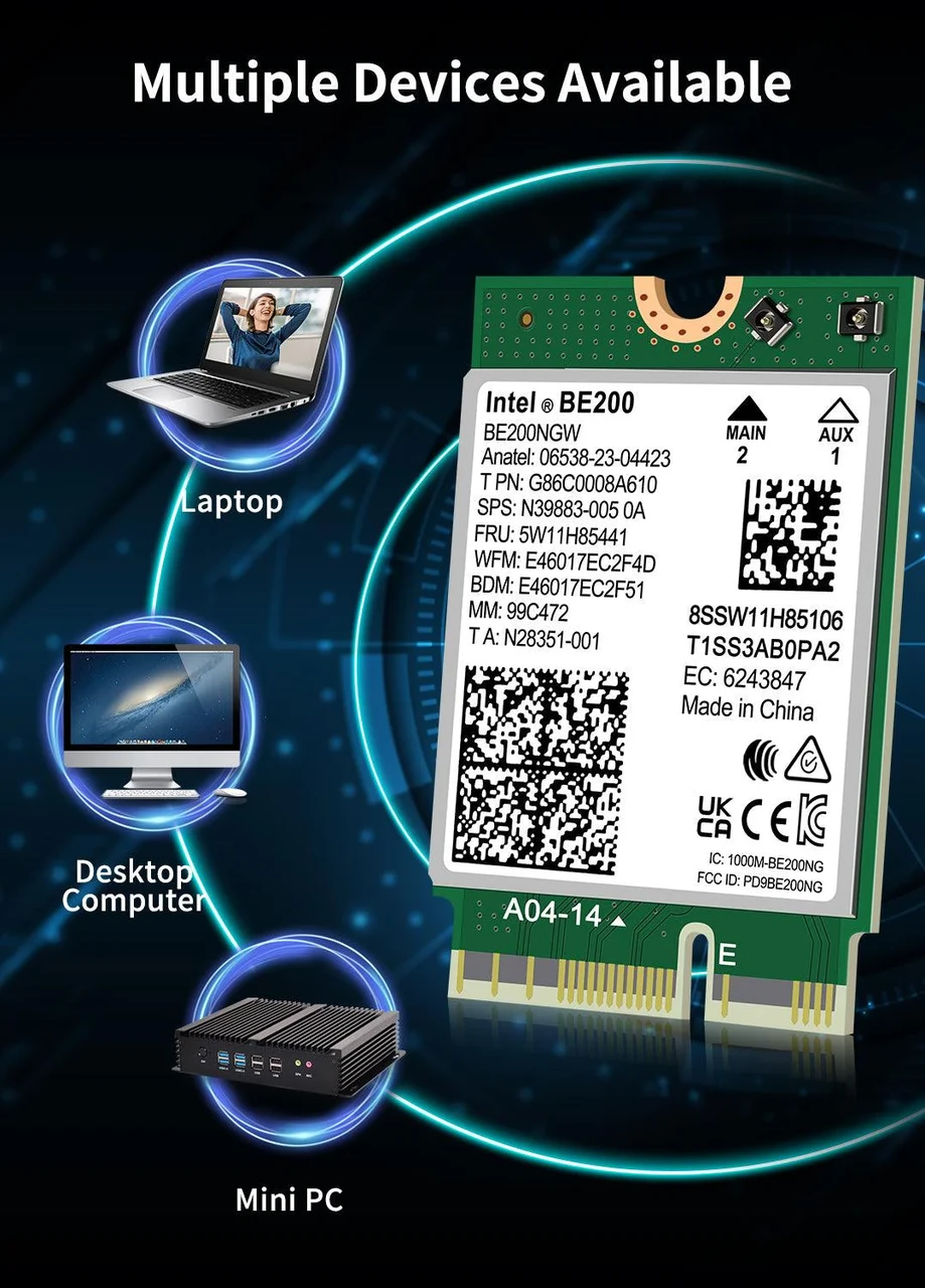 Сетевая карта Intel Wi-Fi 7 BE200 NGW модуль трехдиапазонный адаптер Bluetooth для ПД / Ноутбука (19124)