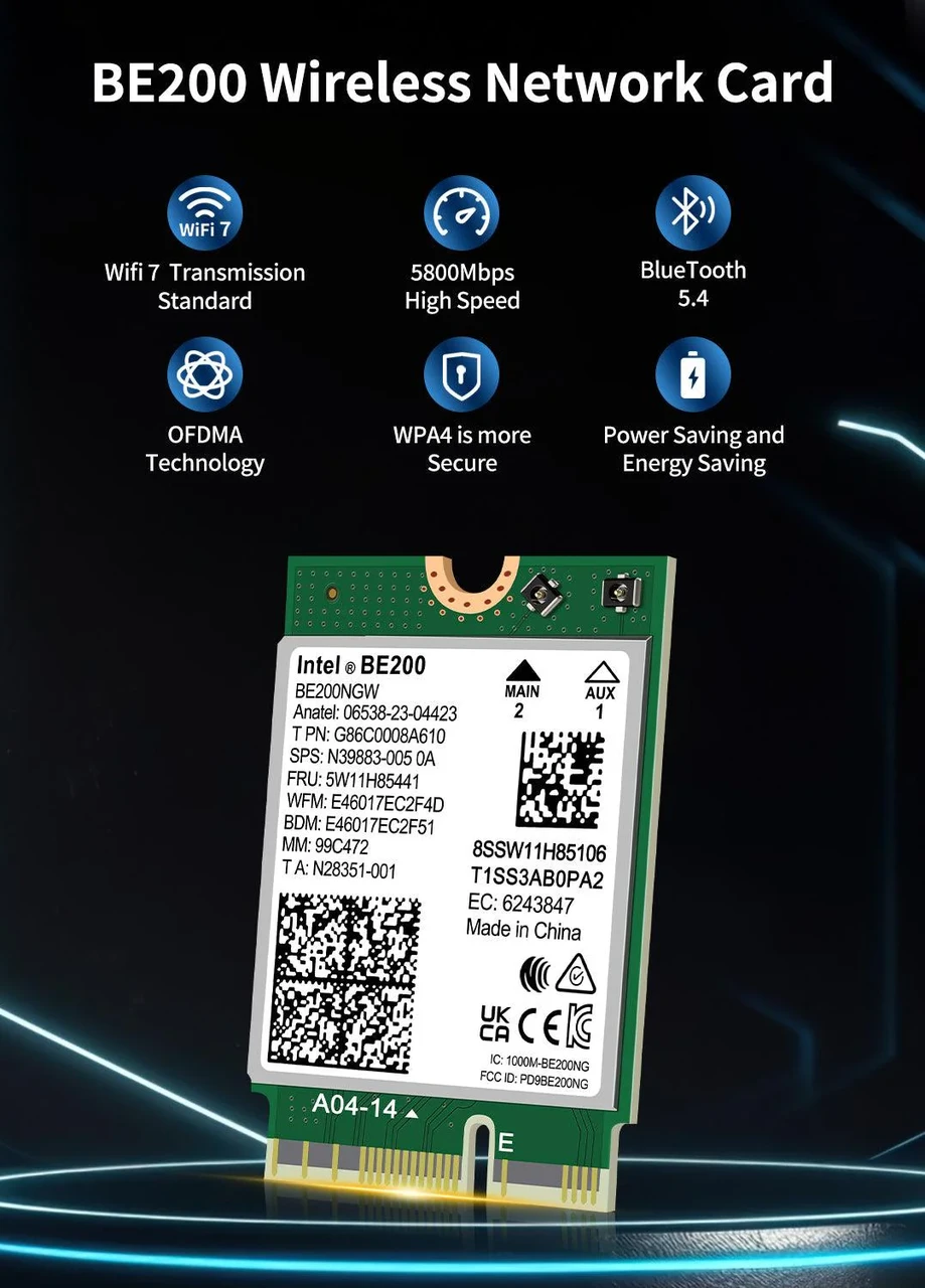 Сетевая карта Intel Wi-Fi 7 BE200 NGW модуль трехдиапазонный адаптер Bluetooth для ПД / Ноутбука (19124)
