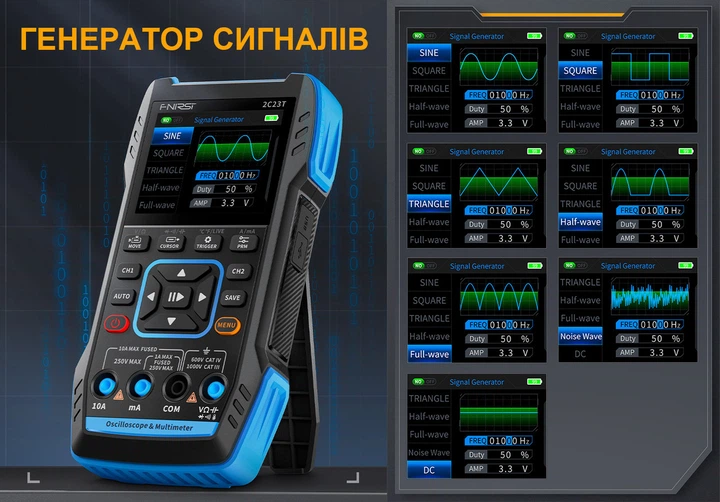 Цифровой осциллограф мультиметр 3в1 Fnirsi 2C23T двухканальный портативный генератор сигналов (19165)